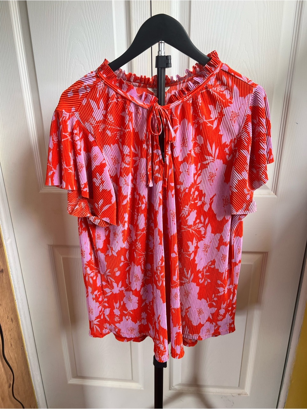 Cato Red and Pink Floral Ruffle Tie-Neck Blouse